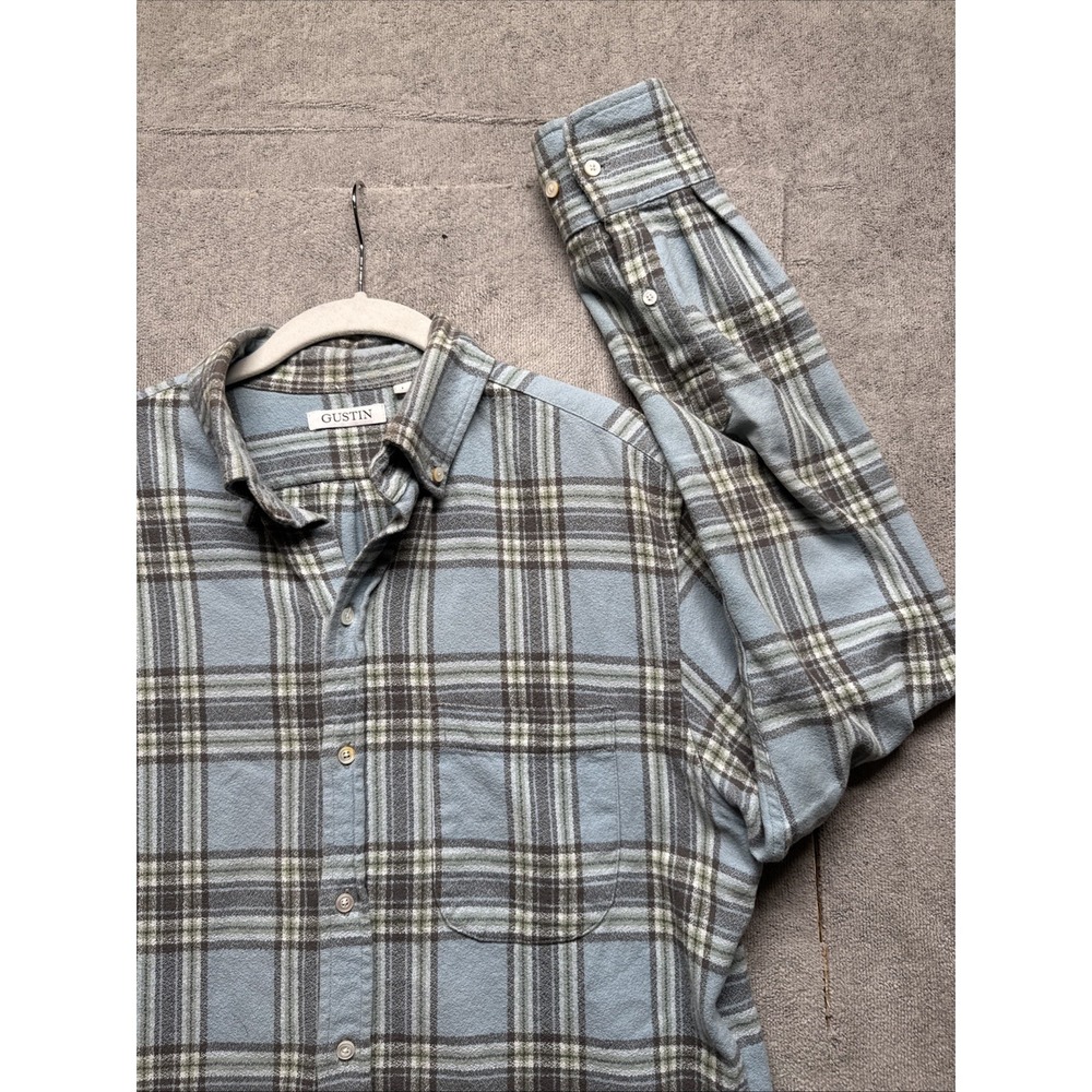 Gustin Men's Flannel Work Shirt Large Blue Green White Plaid‎ Button Down